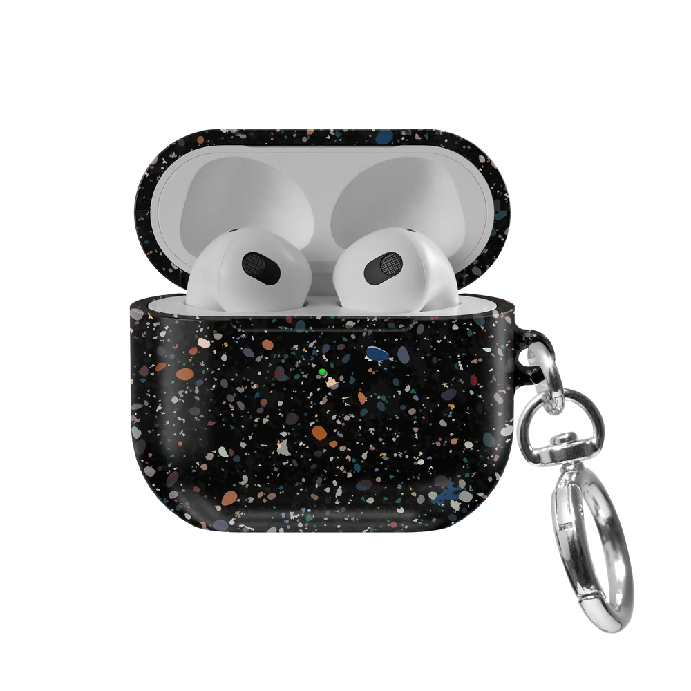 Black Paint Splatter Abstract Art AirPods Case, front view with lid open