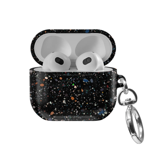 Black Paint Splatter Abstract Art AirPods Case, front view with lid open