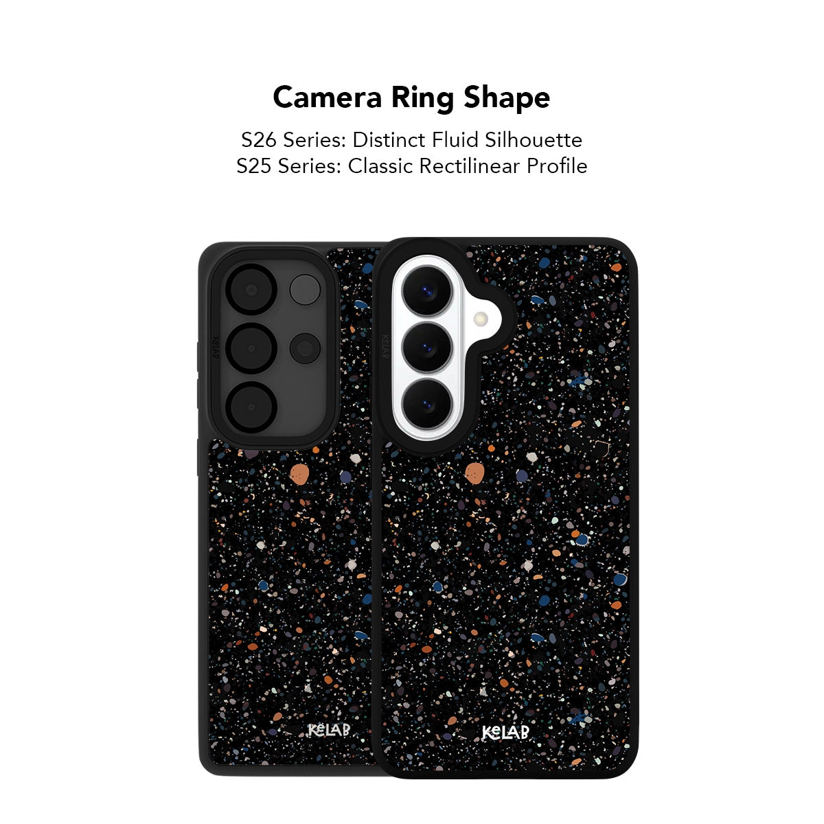 Black Samsung Galaxy phone case with paint splatter pattern, compatible with Galaxy S26 and S25 models.