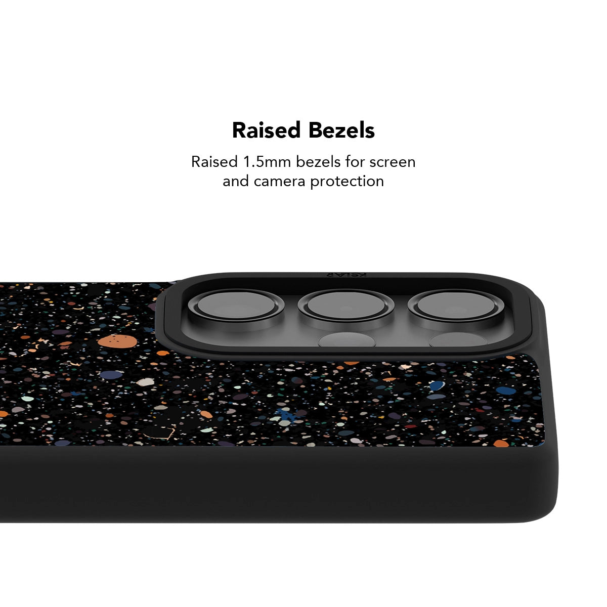Black TPU phone case with paint splatter design for Samsung Galaxy models, featuring raised bezels for protection