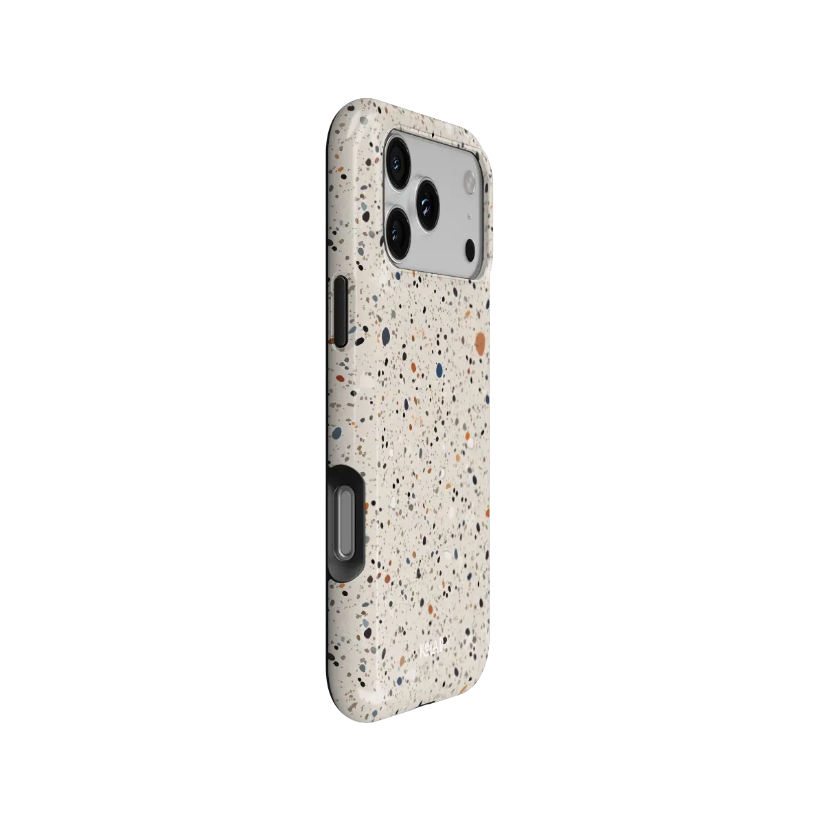 Ivory Haze ivory paint splatter Tough iPhone case, side view showing the pattern wrapped around the shell.