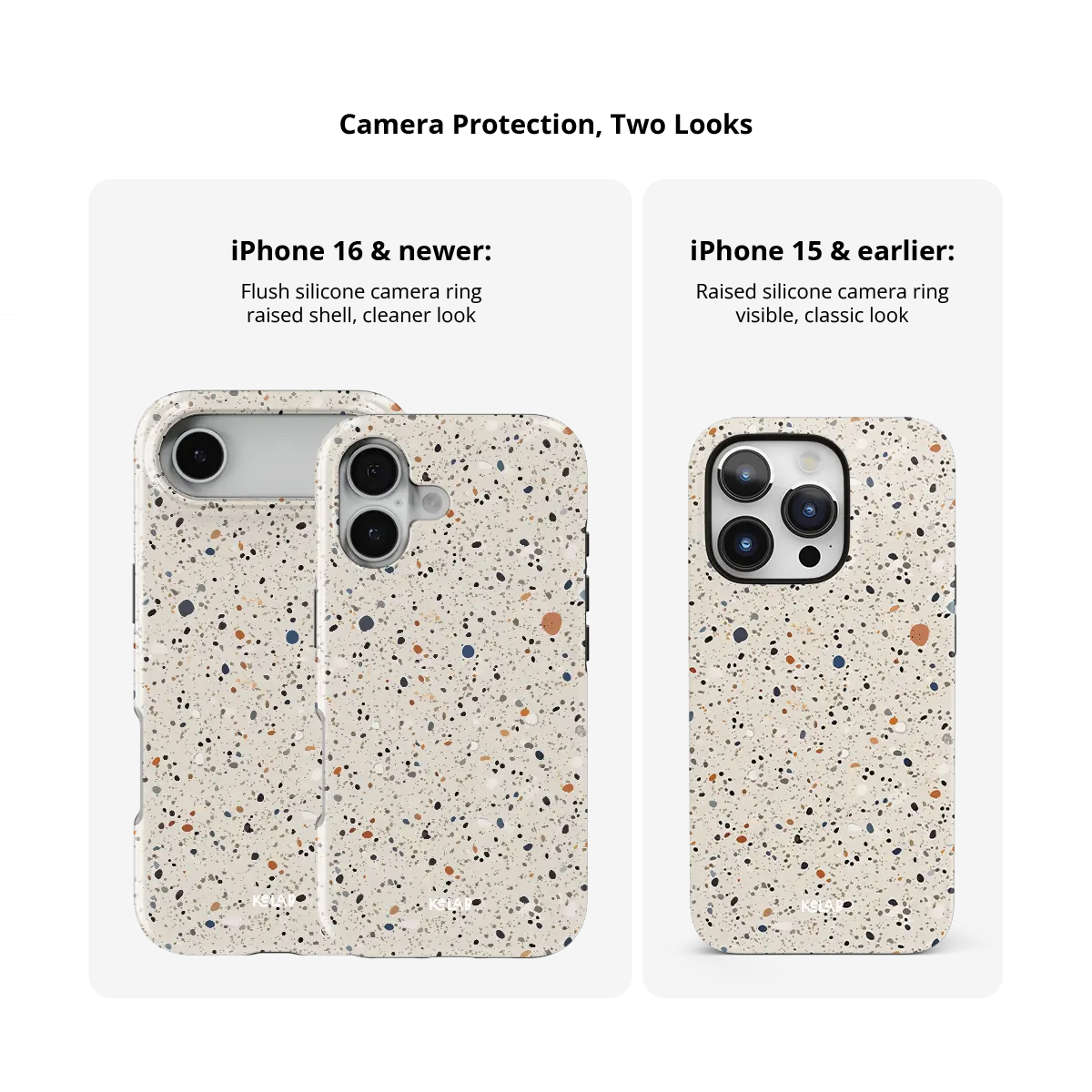 Ivory Haze ivory paint splatter Tough iPhone case size comparison across iPhone 15 to 18 models.