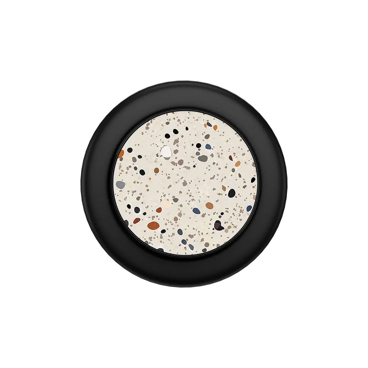 Black MagSafe phone grip with speckled ivory haze pop grip circle and built-in strong magnets.