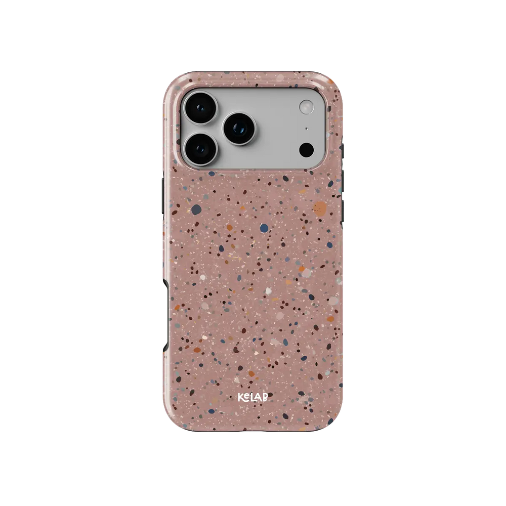 Rose Clay pink paint splatter Tough iPhone case, front view showing the pattern.