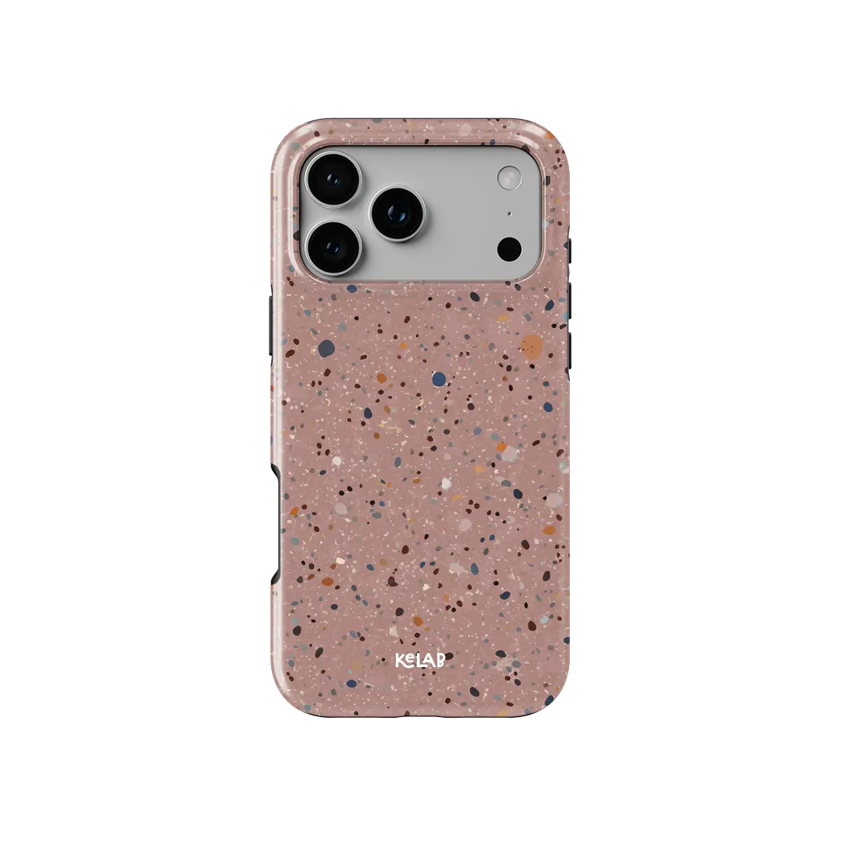 Rose Clay pink paint splatter Tough iPhone case, front view showing the pattern.