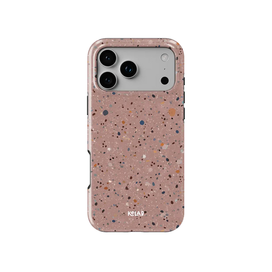 Rose Clay pink paint splatter Tough iPhone case, front view showing the pattern.
