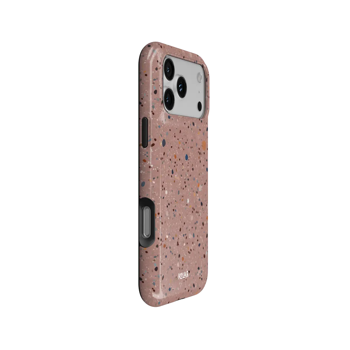 Rose Clay pink paint splatter Tough iPhone case, side view showing the pattern wrapped around the shell.