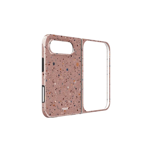 Pink Paint Splatter, Clay Art iPhone 18 Fold Case, unfolded side view showing the hinge