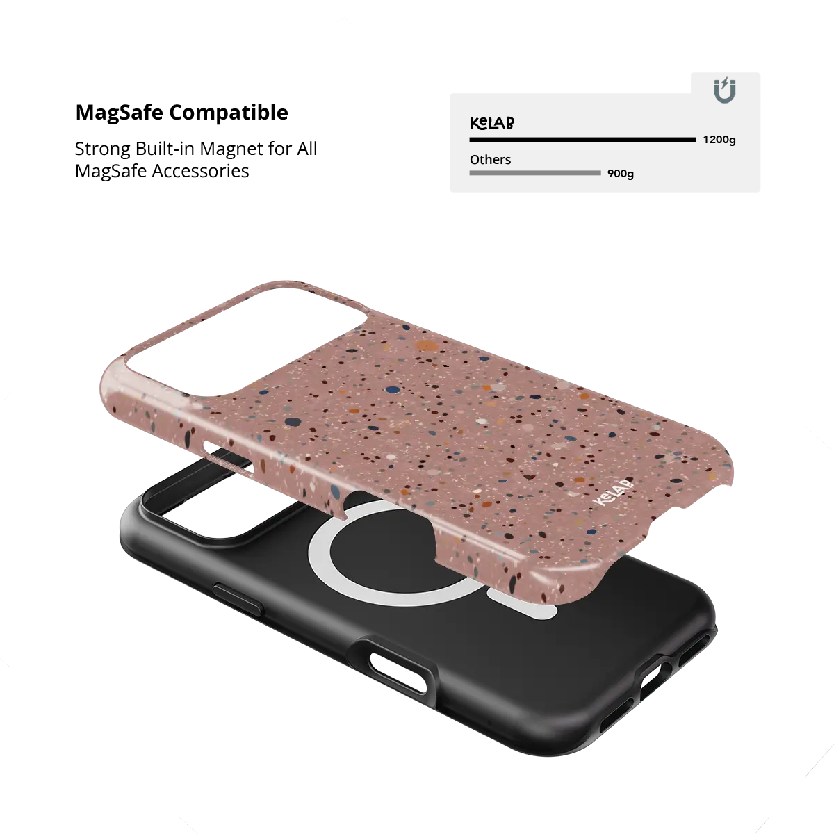 Rose Clay pink paint splatter Tough iPhone case with built-in strong MagSafe magnets.