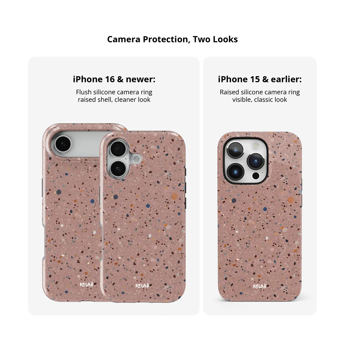 Rose Clay pink paint splatter Tough iPhone case size comparison across iPhone 15 to 18 models.