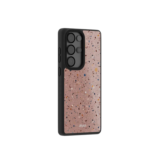 Minimalist phone case for Samsung Galaxy in light pink with paint splatter pattern and TPU material