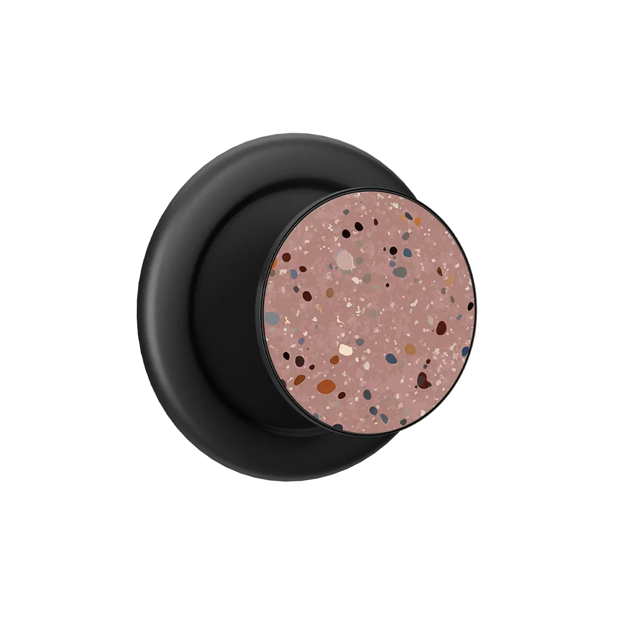 Rose clay MagSafe phone grip with black base and terrazzo pattern pop grip top featuring built-in strong magnets.