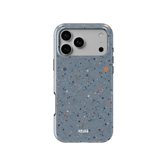 Seaside Drift blue paint splatter Tough iPhone case, front view showing the pattern.