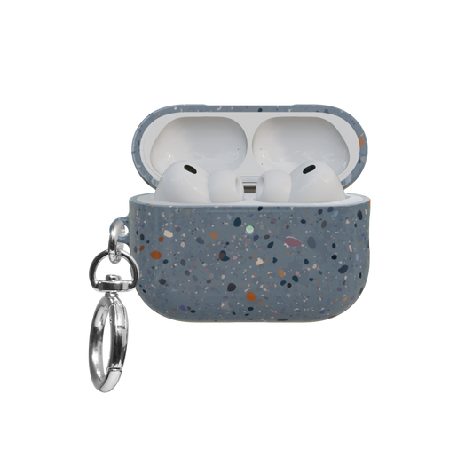 Blue Paint Splatter Abstract Art airpods pro case front view with open lid and keychain