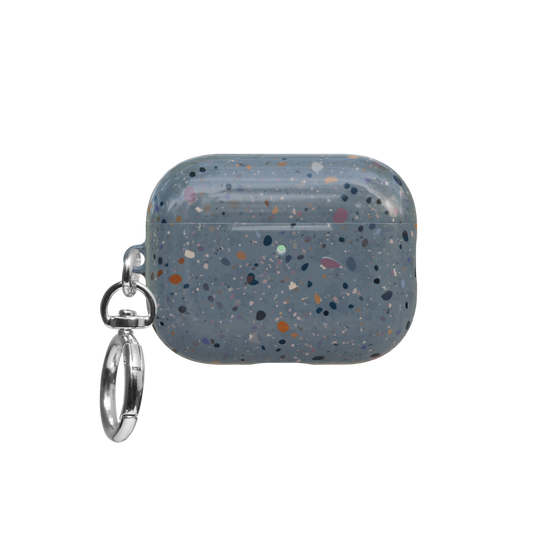 Blue Paint Splatter Abstract Art airpods pro case front view with closed lid and keychain