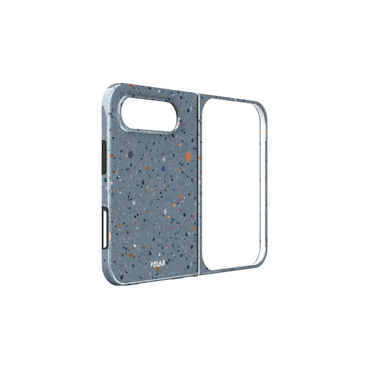 Blue Paint Splatter, Coastal Art iPhone 18 Fold Case, unfolded side view showing the hinge