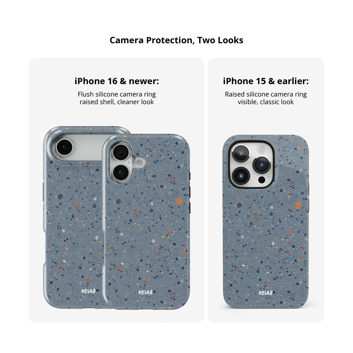 Seaside Drift blue paint splatter Tough iPhone case size comparison across iPhone 15 to 18 models.