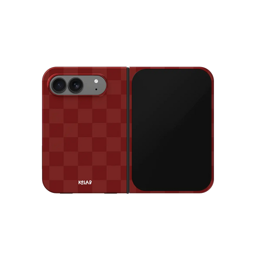 Burgundy Checkerboard, Preppy Retro iPhone 18 Fold Case, unfolded front view