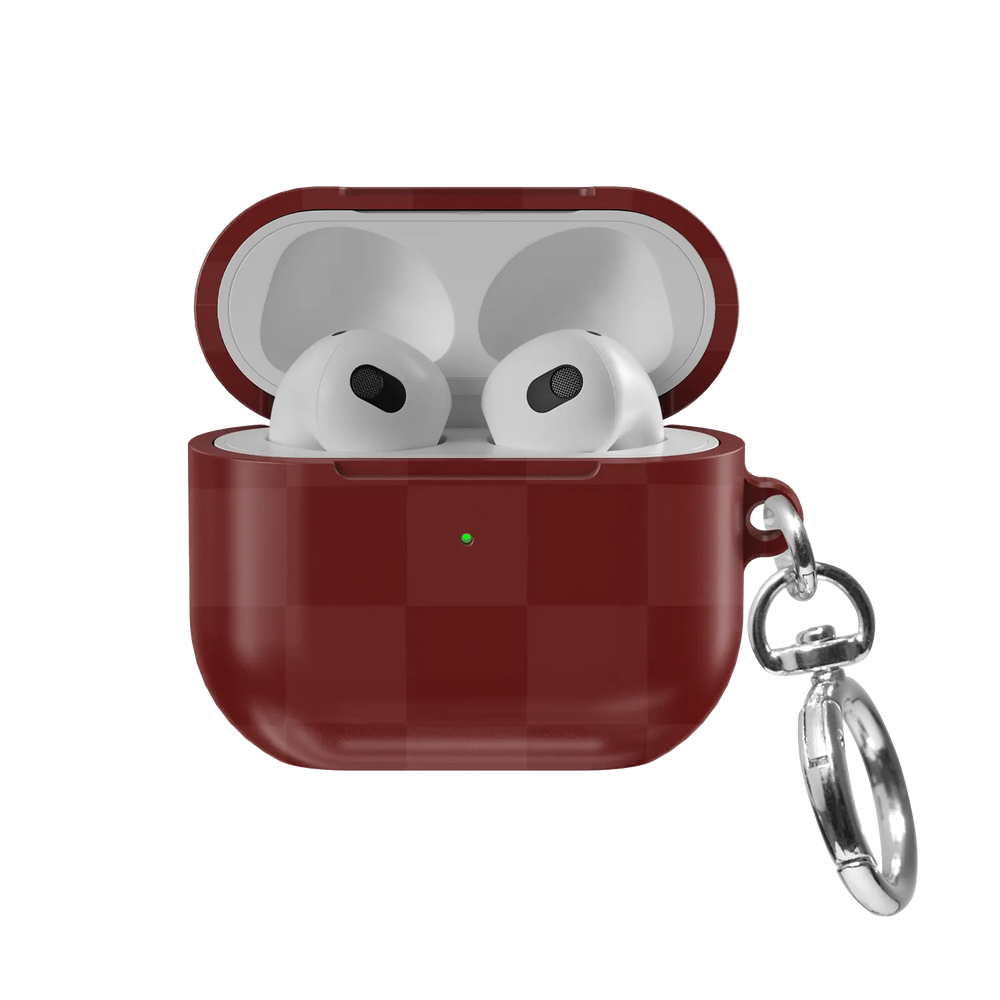 Maroon Check AirPods case, front view with lid open showing tonal burgundy checkerboard exterior