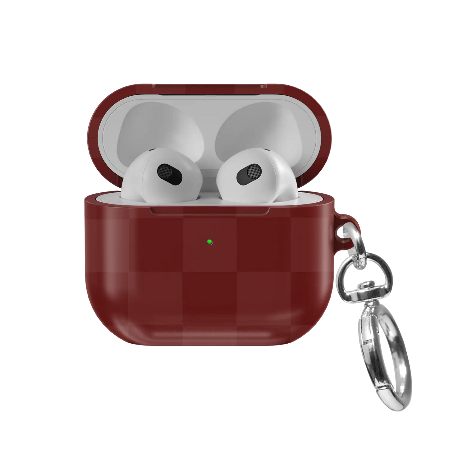 Maroon Check AirPods case, front view with lid open showing tonal burgundy checkerboard exterior