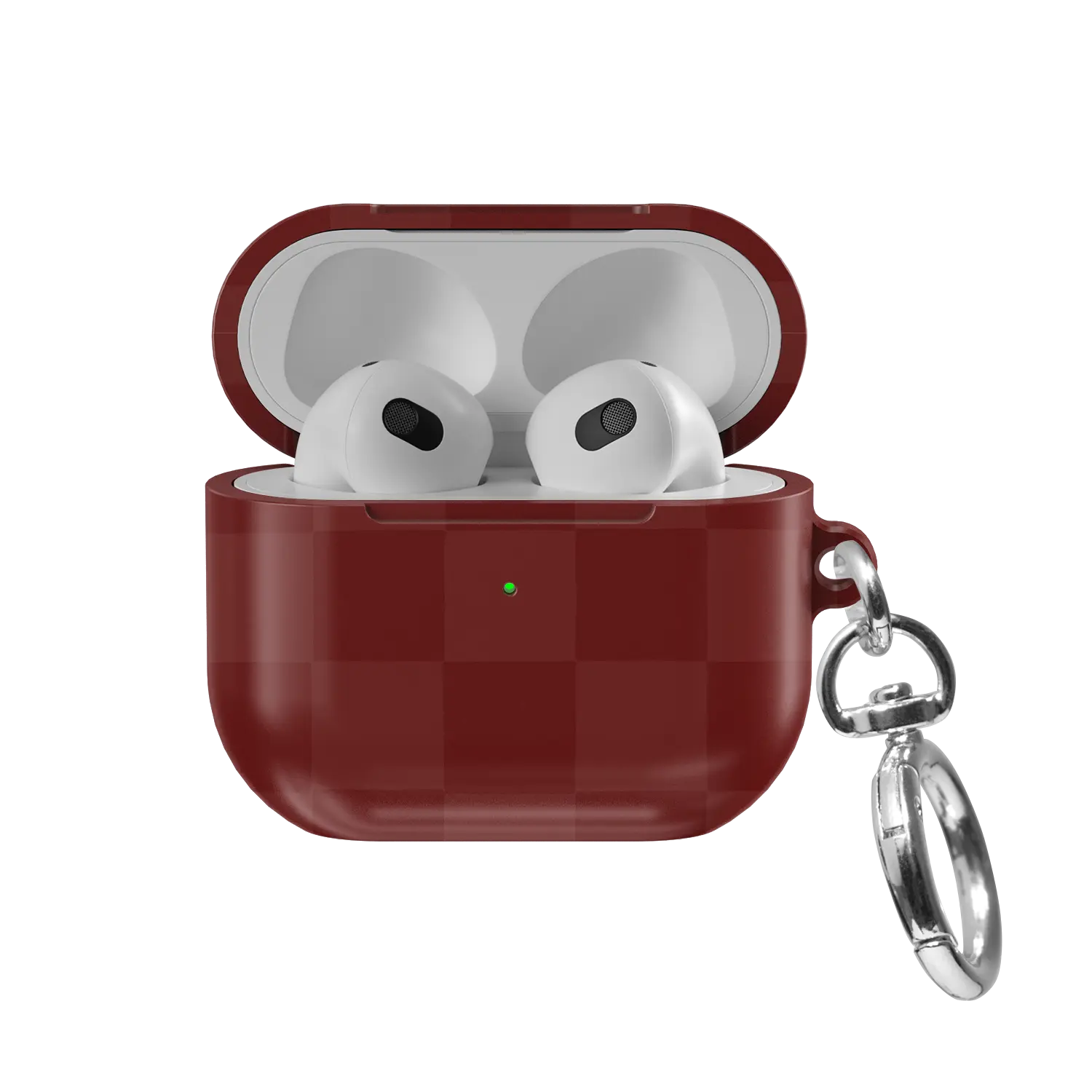 Maroon Check AirPods case, front view with lid open showing tonal burgundy checkerboard exterior
