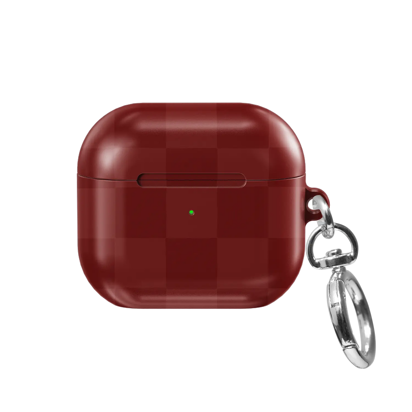 Maroon Check AirPods case, front view showing tonal burgundy checkerboard pattern and lanyard clasp