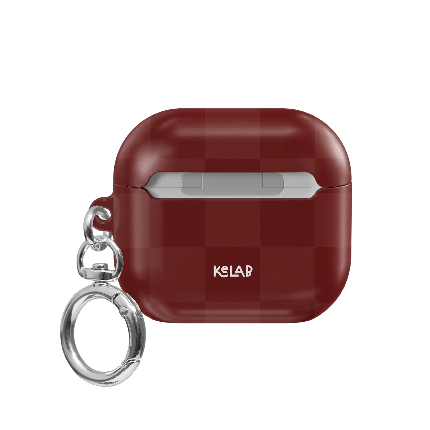 Maroon Check AirPods case, back view showing full tonal burgundy checkerboard coverage and LED cutout