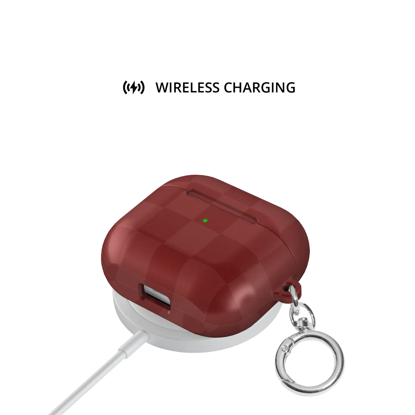 Maroon Check AirPods case on a wireless charging pad demonstrating pass-through charging