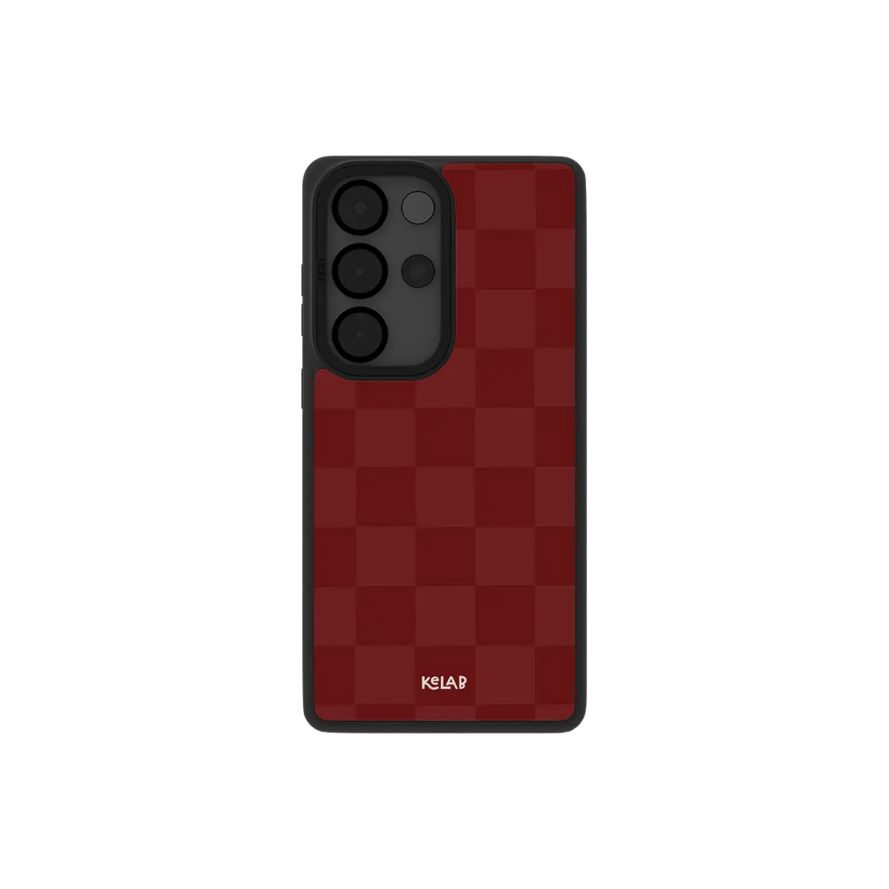 Burgundy checkerboard Samsung Galaxy case, back view with wine red and cream checks around the camera cutout