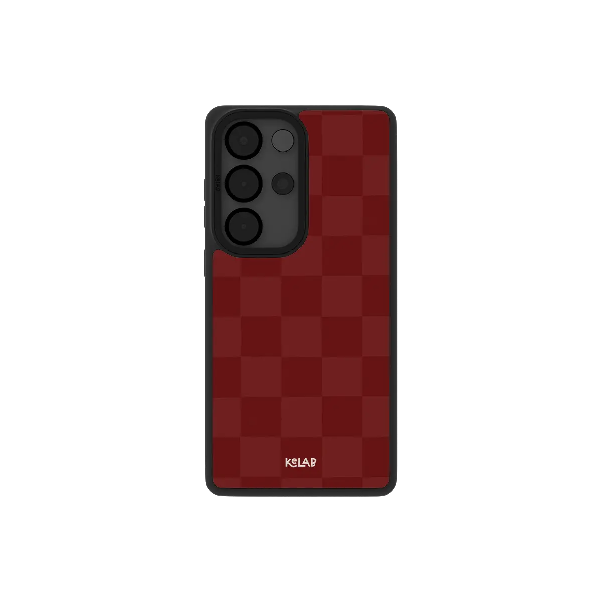 Burgundy checkerboard Samsung Galaxy case, back view with wine red and cream checks around the camera cutout