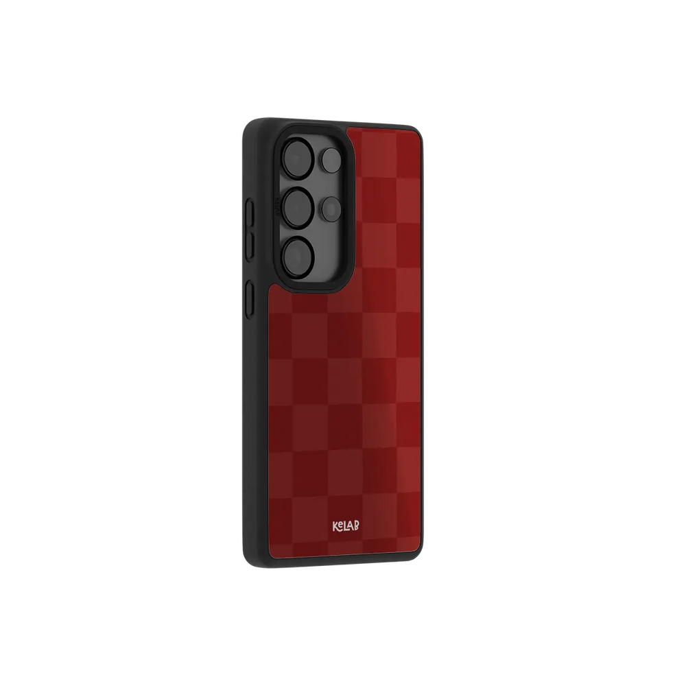 Burgundy checkerboard Samsung Galaxy case at a side angle showing the wrapped button covers