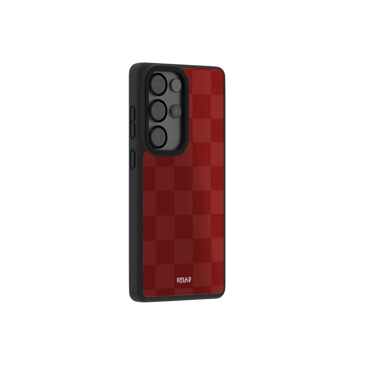 Burgundy checkerboard Samsung Galaxy case at a side angle showing the wrapped button covers
