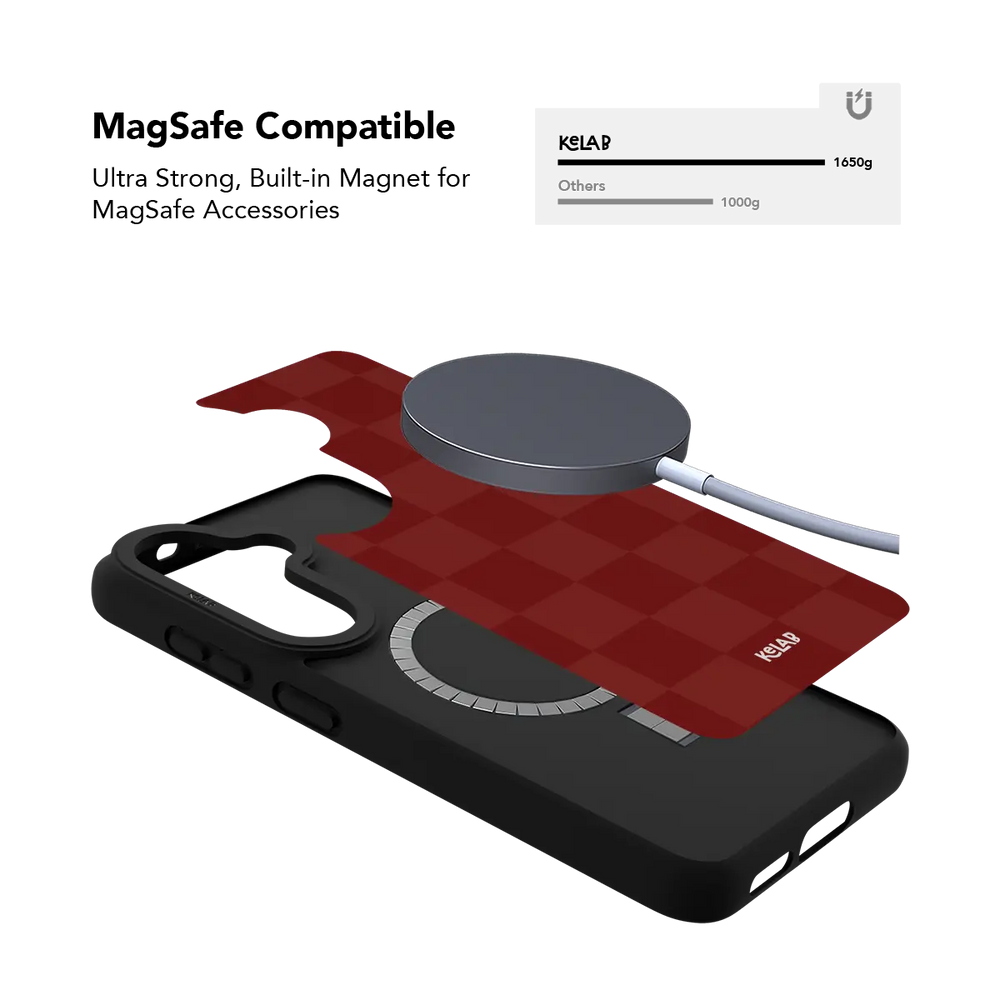 Burgundy checkerboard Samsung Galaxy case holding a magnetic wireless charger through the built in ring
