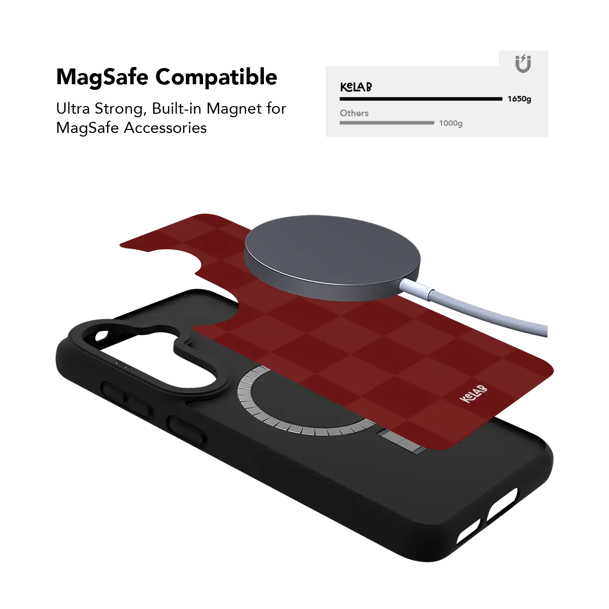 Burgundy checkerboard Samsung Galaxy case holding a magnetic wireless charger through the built in ring