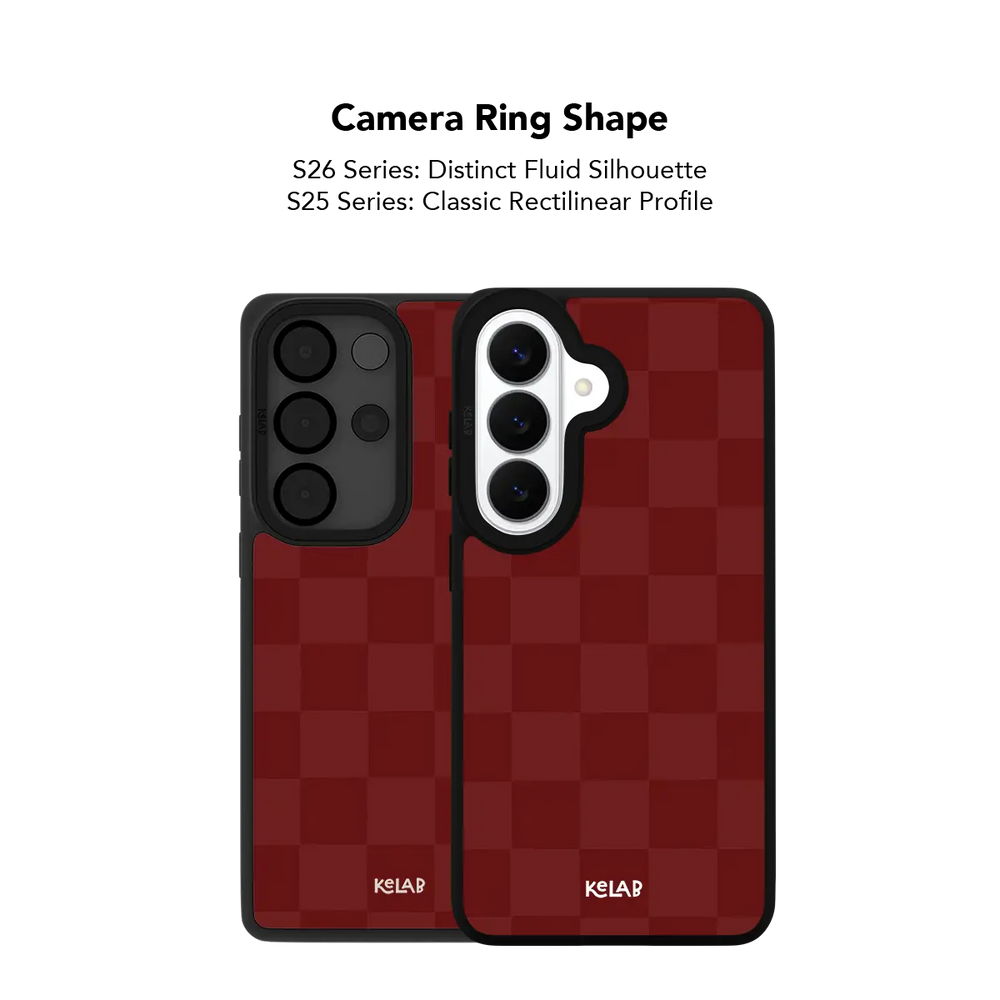 Close up of the camera ring cutout on the burgundy checkerboard Samsung Galaxy case