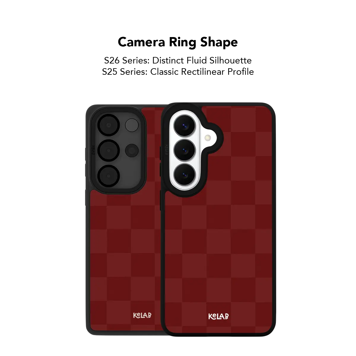 Close up of the camera ring cutout on the burgundy checkerboard Samsung Galaxy case