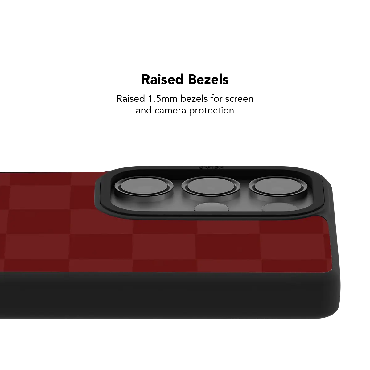 Raised bezel on the burgundy checkerboard Galaxy case lifting the camera lenses clear of a flat surface
