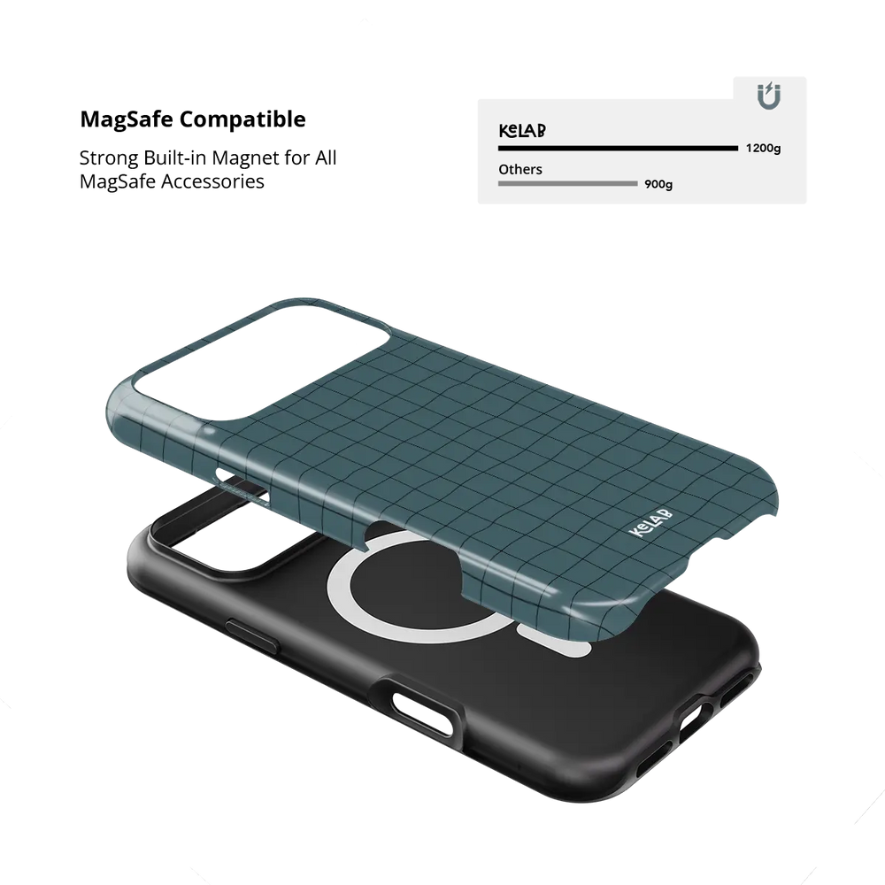 Moss Quartz muted cyan grid Tough iPhone case with built-in strong MagSafe magnets.