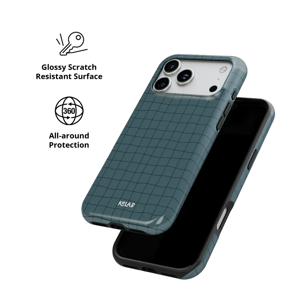 Moss Quartz muted cyan grid Tough iPhone case with glossy, scratch resistant all-around protection.