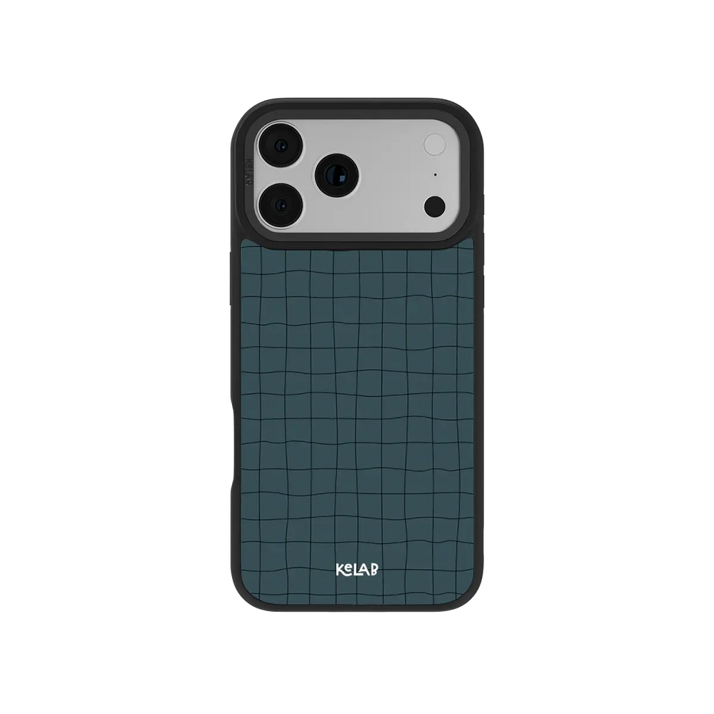 Minimalist KELAB iPhone Case muted cyan abstract grid pattern with black camera rings