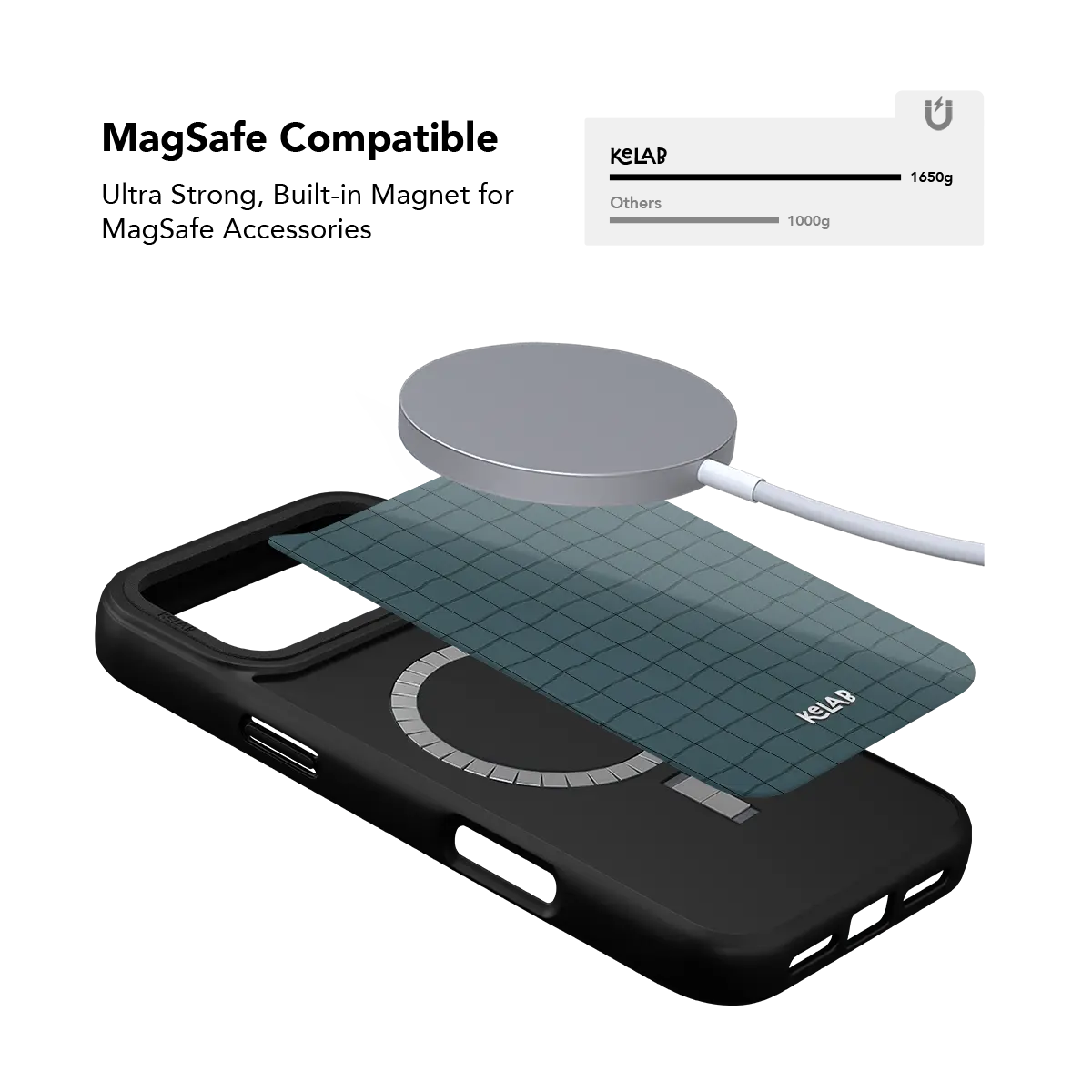 Muted cyan grid KELAB iPhone Case black with MagSafe ring and textured pattern on back