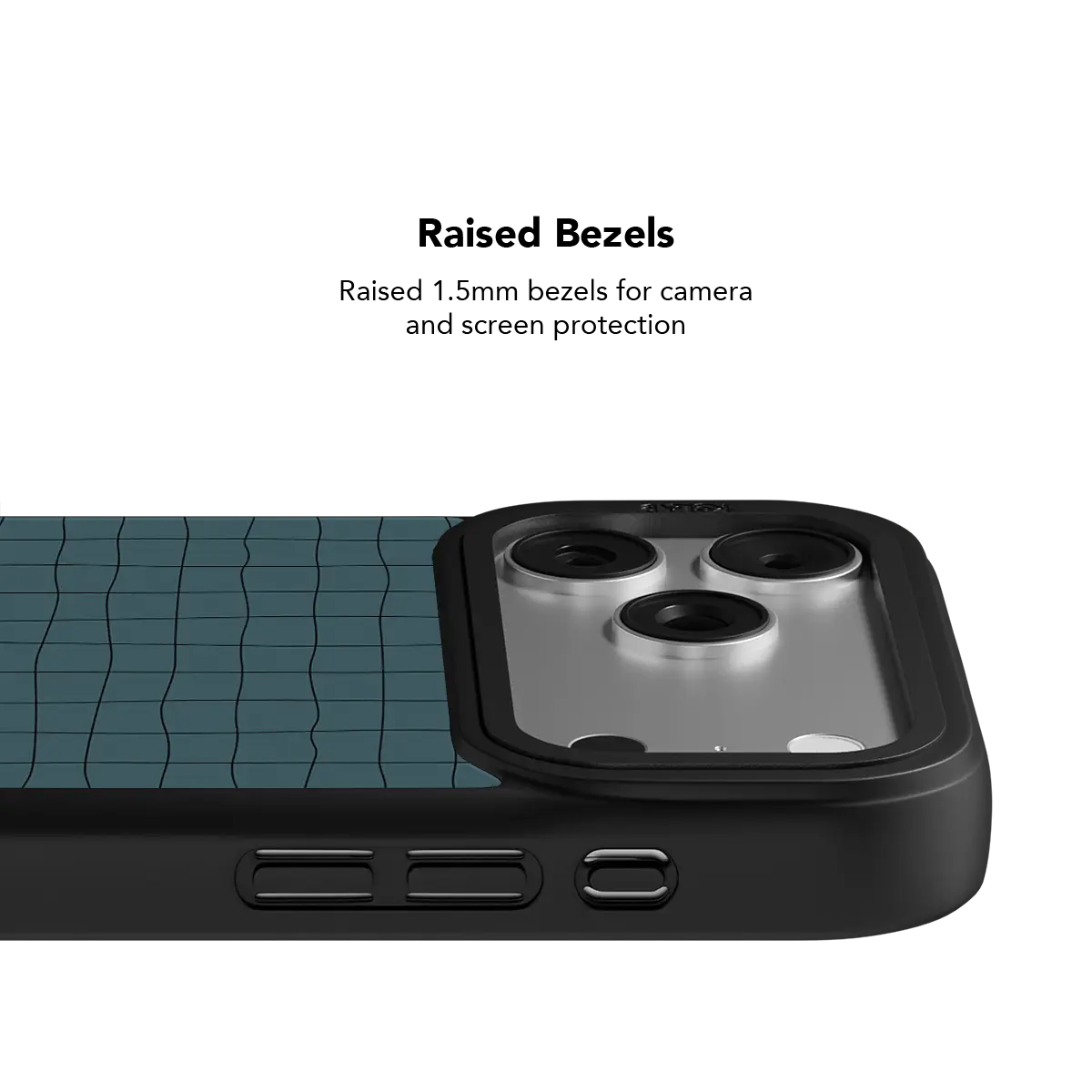 Abstract grid KELAB iPhone Case black rugged case with triple camera lenses and cyan pattern