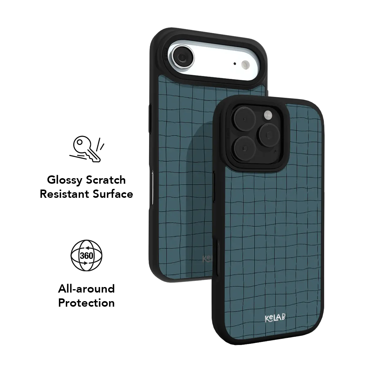 Muted cyan grid KELAB iPhone Case black border abstract hand-drawn minimal design