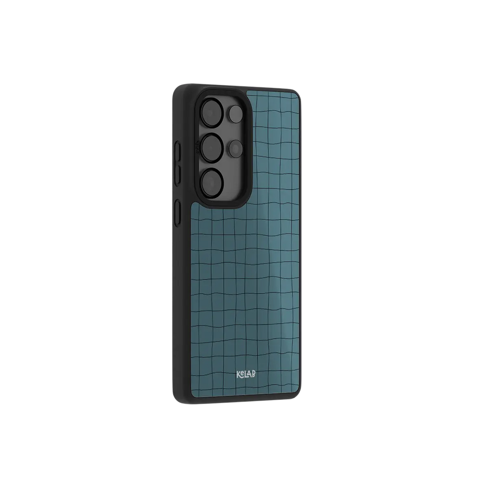 Cyan grid Samsung Galaxy case at a side angle showing the wrapped button covers