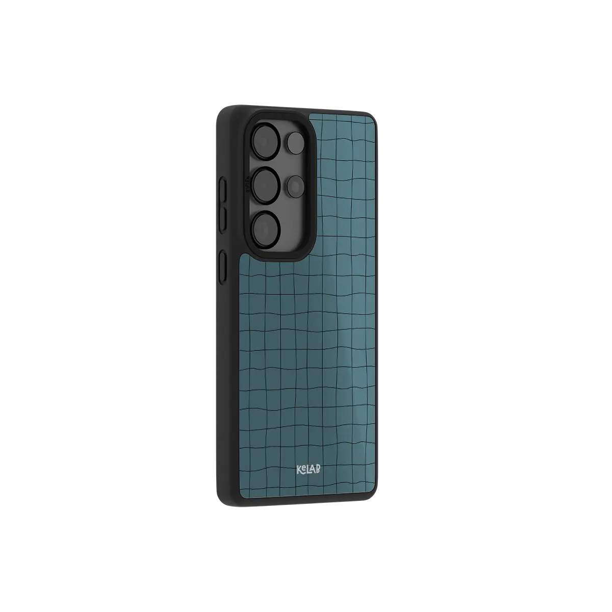 Cyan grid Samsung Galaxy case at a side angle showing the wrapped button covers