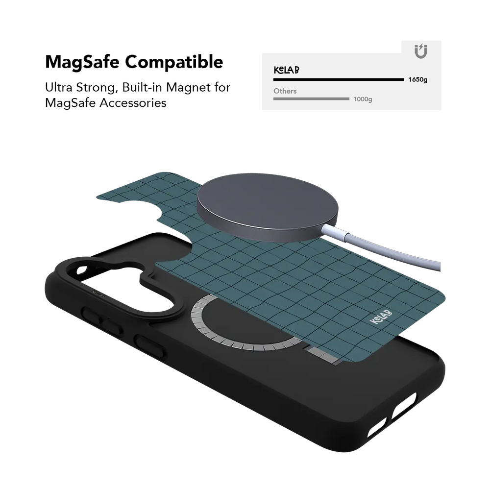 Cyan grid Samsung Galaxy case holding a magnetic wireless charger through the built in ring