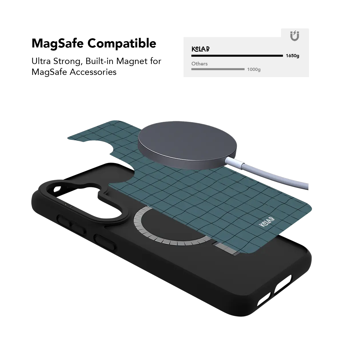 Cyan grid Samsung Galaxy case holding a magnetic wireless charger through the built in ring