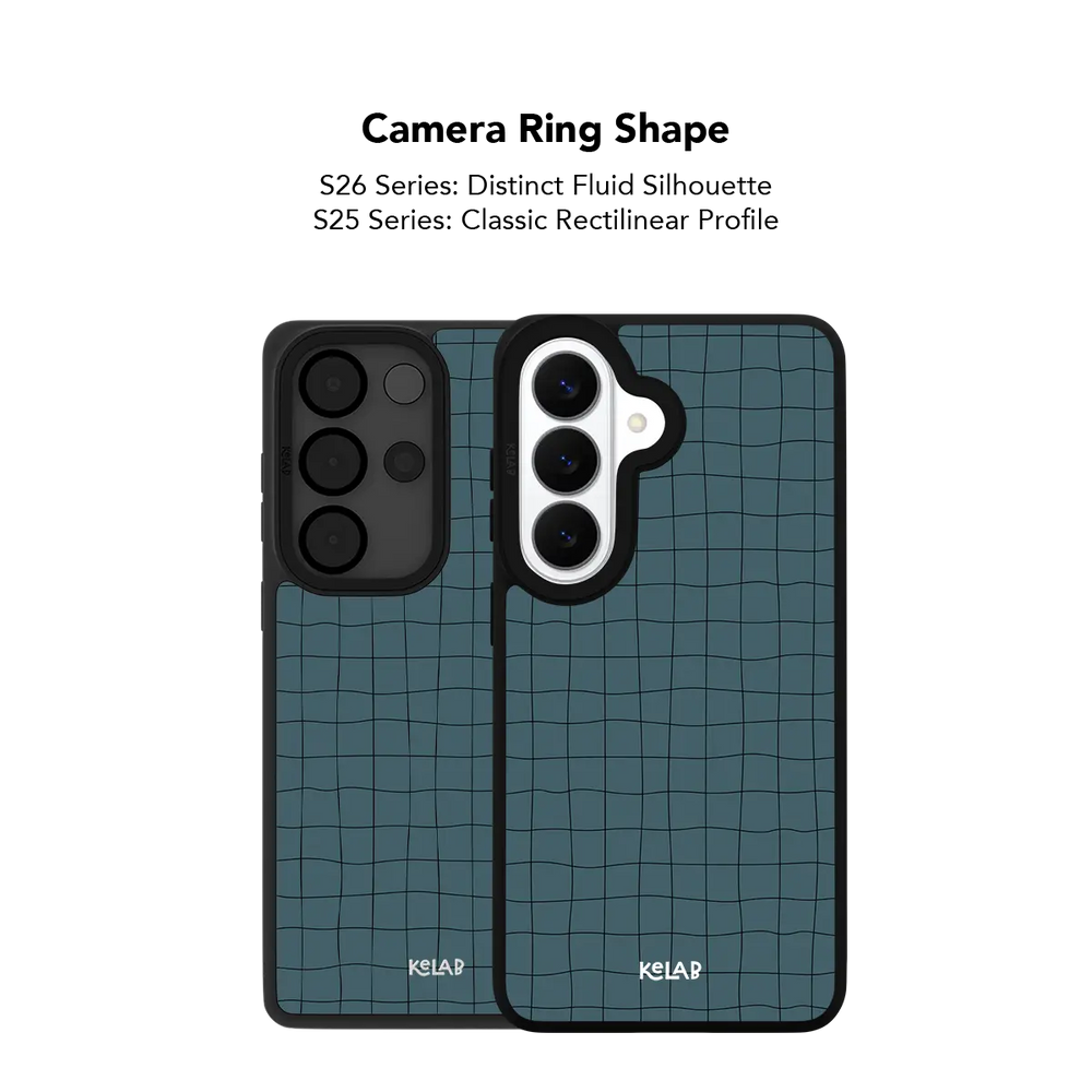 Close up of the camera ring cutout on the cyan grid Samsung Galaxy case