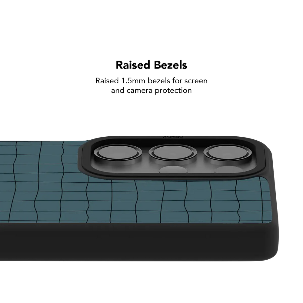 Raised bezel on the cyan grid Galaxy case lifting the camera lenses clear of a flat surface