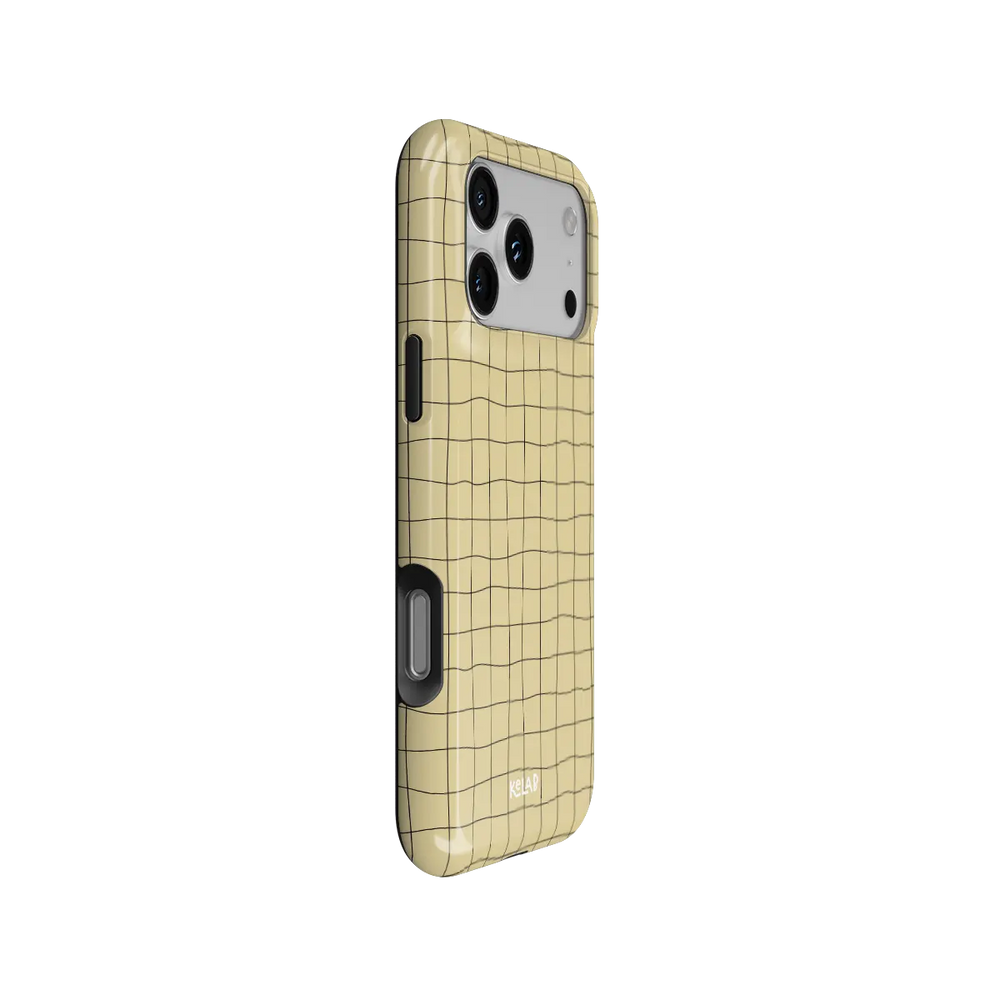 Sunlace Mesh butter yellow grid Tough iPhone case, side view showing the pattern wrapped around the shell.